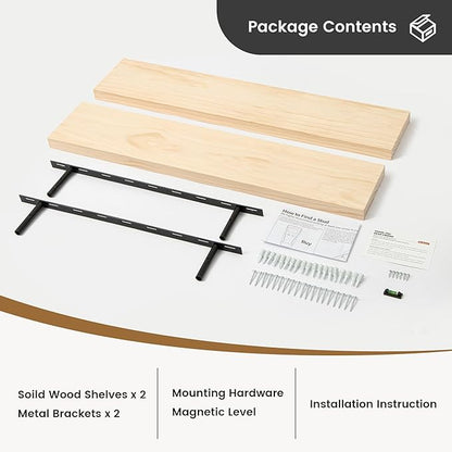 Fun Memories 36 Inch Floating Shelves for Wall, Deep Rustic Solid Pine Wood Wall Shelves for Storage - Farmhouse Wall Mounted with Heavy-Duty Metal Bracket, 36" W x 8" D, Set of 2,Unfinished