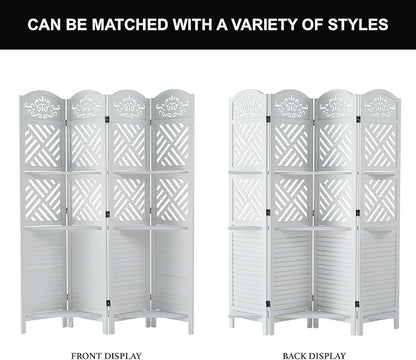 Room Divider with Shelves, 68.9inch Wood Carved and Louvered Wall Divider Freestanding, 4 Panels Folding Partition Screen for Bedroom Home Office (White)