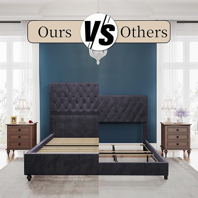 PaPaJet King Size Bed Frame and Headboard Upholstered Bed Frame King with 52.8” Tall Headboard/Dark Grey