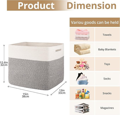 OIAHOMY 13 Kallax Inch Cube Storage Bins, 3-Pack Cotton Rope Woven Baskets for Organizing, Kallax Insert Storage Baskets for Shelves, Baby Nursery, Closet Organizer, 15*13*12.6IN, Grey & White