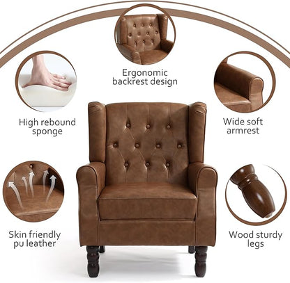 High Back Accent Chairs Set of 2,Upholstered Faux Leather Wingback Armchairs with Solid Wood Legs for Small Spaces,Comfy Single Sofa Chairs for Living Room,Bedroom,Office-Brown