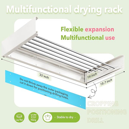 Wall Mounted Clothes Drying Rack 32 inches,Foldbale Laundry Drying Rack Wall Mount,Drying Rack Clothing Space Saver,Retractable,Collapsible,Folding Laundry Rack,White