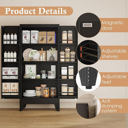 51" H Metal Kitchen Pantry Storage Cabinet, Freestanding Cupboard Storage Cabinet with Doors and Adjustable Shelves, Large Stand Up Food Cupboard for Living Room, Dinning Room, Black