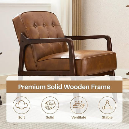 Faux Leather Accent Chair Set of 2, Mid Century Chair for Living Room, Upholstered Comfy Lounge Armchair with Solid Wood Frame, Modern Chair for Bedroom,105°Ergonomic Comfort, Brown
