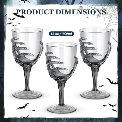 Dandat 12 Pcs Halloween Skeleton Hand Goblets 12oz Clear Plastic Halloween Cups Skull Wine Glass Set for Creepy Spooky Party Decorations (Black)