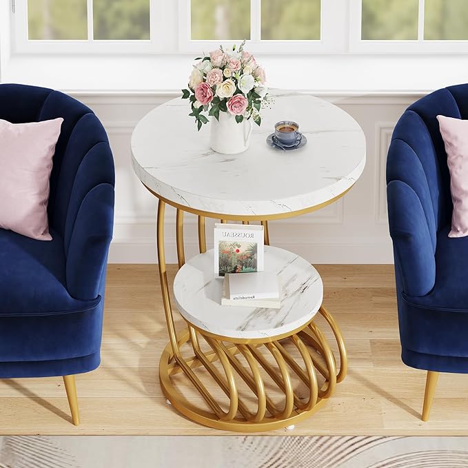 Tribesigns Gold Round End Table: 2 Tiers Faux Marble Side Table with Storage Shelf, Modern White Gold Bedside Nightstand, Metal Arc-Shaped Frame Accent Table for Living Room, Bedroom