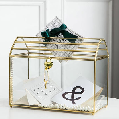 Wedding Card Box with Slot, 12.2'' Large Glass Card Boxes for Reception, Gold Card Holder, Clear Decorative Storage Box with Lock for Baby Shower, Birthday Party, Christmas, Bridal Shower