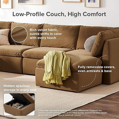 mopio Oversized Modular Sectional Sofa with Fully Removable Covers and Storage, Convertible U, L-Shaped and Sleeper Sectional, Modern Couches with Ottoman Chaise (Hazelnut Velvet, 5 Seats, L)
