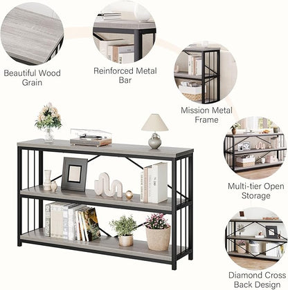 LVB Farmhouse Entryway Table, Metal Wood Console Table for Hallway, Industrial Rustic Sofa Table with 3-Tier Storage Shelf, Modern Entry Table for Foyer Front Home Living Room, Light Grey Oak, 47 inch