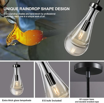 Modern Raindrop Pendant Lights Set of 3, Pendant Lights Kitchen Island 3 Pack, Matte Black Pendant Lights for Bedroom Bathroom, Chandelier for Living Room Hallway, Bulb Included