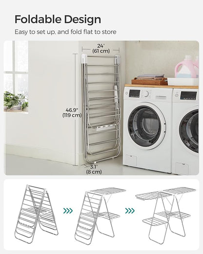 SONGMICS Clothes Drying Rack, Foldable 2-Level Laundry Drying Rack, Free-Standing Laundry Airer, with Height-Adjustable Wings, 33 Drying Rails, Sock Clips, Silver and White ULLR053W01V1