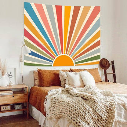 Kanuyee Boho Burning Sun Tapestry Wall Hanging, Retro 70s Abstract Vintage Geometric Rainbow Sunrise Tapestries for Bedroom Living Room Backdrop 60×80 inch