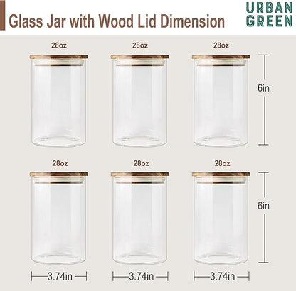 Urban Green Glass Jars with Airtight Lids, Airtight Canisters with Wood Lids, Glass Storage Containers with Bamboo Lid, Food Storage Containers Set (6 Pack of 27oz)