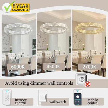 Dia 32" Ring Crystal Chandelier Modern Gold Chandelier Adjustable Height Luxury Crystal Pendant Ceiling Light Fixture for Dining Living Room Bedroom