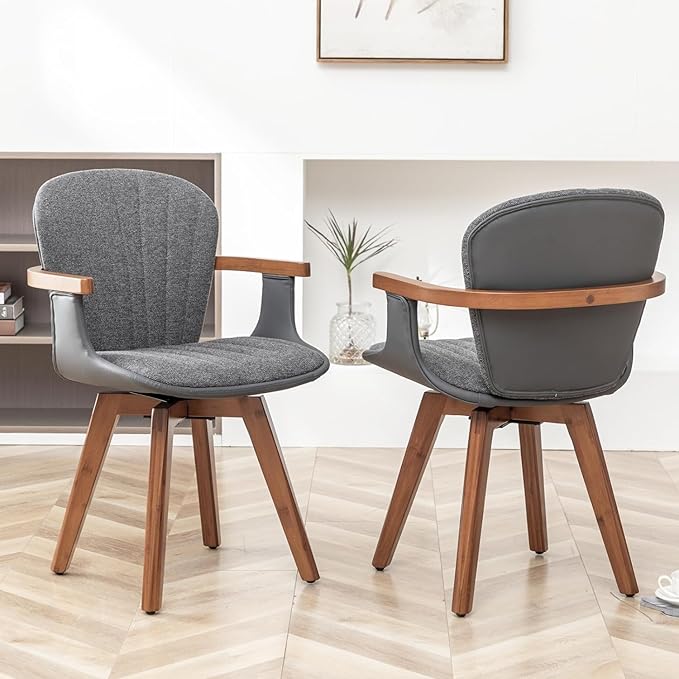 LUNLING Swivel Dining Chairs, Mid Century Modern Gray Fabric+Faux Leather Kitchen Chairs with Arms,Bamboo Legs Side Chairs No Wheels,Accent Chair for Dining Rooms and Offices(Gray Fabric,1PCS)