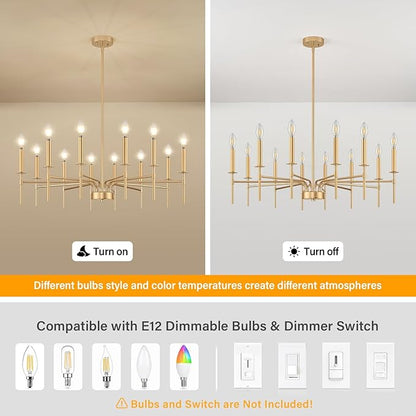 12 Light Gold Chandelier Light Fixture, Modern Farmhouse Chandeliers for Dining Room Light Fixture, Metal Candle Pendant Chandelier for Foyer Entryway Stairs Living Room Bedroom Kitchen