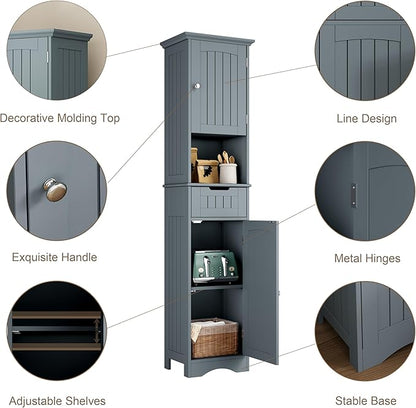 ChooChoo 67" Tall Bathroom Storage Cabinet Freestanding with Adjustable Shelves, Narrow Storage Linen Cabinet with 2 Doors and 1 Drawers for Bathroom, Living Room, Kitchen, Grey
