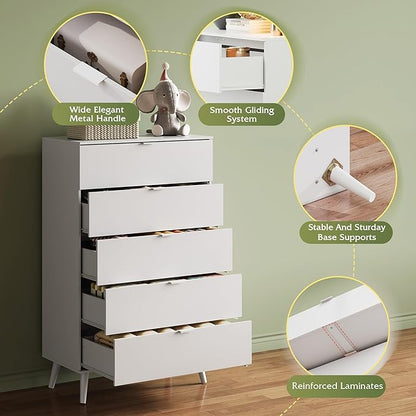 WLIVE 5 Drawer Dresser for Bedroom, Tall Wood Dresser, White Dressers Storage Organizer with Sturdy Metal Handle, Chest of Drawers for Living Room, Hallway, Closet