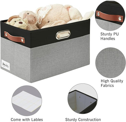 Large Collapsible Fabric Storage Bins with 3 Handles, Foldable Organizer Baskets for Closet, Shelves, Living Room | 3 Pack, Durable PU & Metal Handles (14.9"x9.8"x9.8", Black & Gray)
