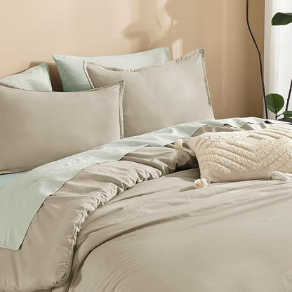 Litanika Comforters Oatmeal Oversized King Size, 3 Pieces Lightweight Solid Bedding Comforter Set, All Season Fluffy Bed Set (120x98In Comforter & 2 Pillowcases)