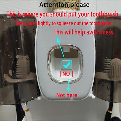 Toothbrush Holders Wall Mounted,Toothpaste Dispenser for Kids Hanging Adhesive Automatic Toothbrush Holders Bathroom Decor with Toothpaste Dispenser 2 Cups - Grey