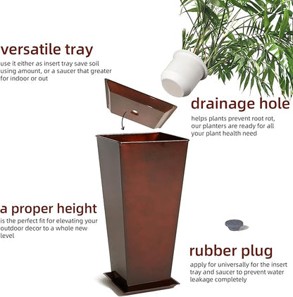 KOL 28''H. Tall Galvanized Steel Glazed Planter with Saucer, Set of 2, Planter Pots with Insert for Indoor & Outdoor Use, Decorative Flower Plant Pots for Front Porch, Patio, Deck - Reddish Brown