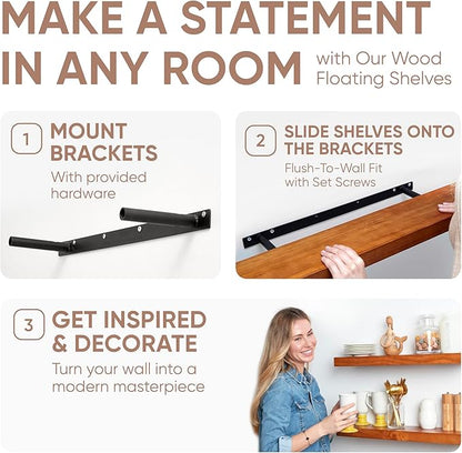 Homeforia Floating 60 inch Oak Shelves, High End Solid Real Wood 60inch Floating Shelf for Wall Mounted, Honey Oak Wooden 60in Large Floating Shelves, Heavy Duty Bracket, 60 X 6.5 X 1.75 in, Set of 2