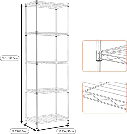 5 Tiers Shelf Metal Storage Shelves Wire Rack Closet Organizers with Wheel for Garage Kitchen Bathroom Laundry Chrome 11.8" D x 17.7" W x 55" H