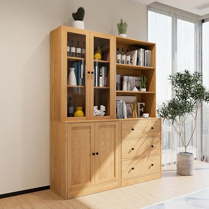 TUSY 71" Bookshelf Bookcase, 3-Tier Modern Bookshelves 3 Large Drawer, Wood Filing Cabinet with Open Storage Shelf, Glass Doors 5-Tier Fixed Storage Shelves for Home Office (Wood)
