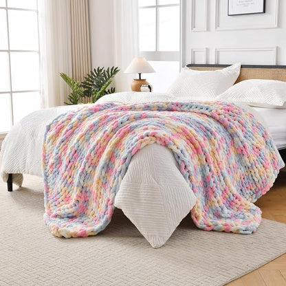 Ultra Soft Chunky Knit Blanket Throw -40x50 Hand Knitted Warm Chenille Throw Blanket, Home Decor Soft Thick Yarn Cable Knit Blanket Breathable Fleece Banket Christmas for Couch Bed Sofa Best GIF