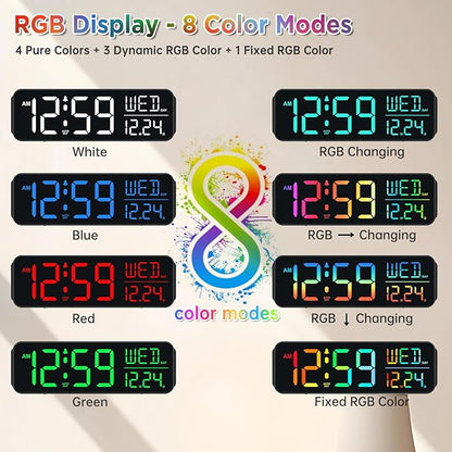 Peakeep Digital Alarm Clock for Bedrooms, Date Day of Week Large Display Numbers 6 Brightness Dimmer, 5 Volume Loud for Heavy Sleepers, 8 RGB Colors Electric Desk Clock Battery Backup, Auto DST