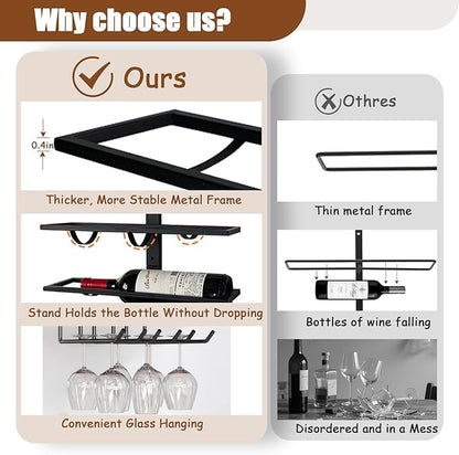 16 Bottle Wall Mount Wine Rack with Wine Glass Holder, Metal Wine Wall Rack, Wall Racks for Wine Bottles Display and Storage, Hanging Bottle Organizer for Living Dining Room Wine Cellar Bar (Black)