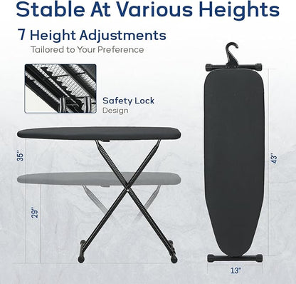 Ironing Board 43x13 with Iron Rest, RAINHOL Compact Iron Board Full Size with Thick Cover and Pad, Easy Storage Hanger with Heat-Resistant Silicone Pad, Space Saving and Height Adjustable, Black