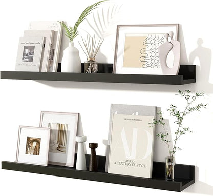 Fun Memories Picture Ledge Shelves Set of 2, 24 Inch Rustic Wall Mounted Floating Shelves with Lip for Home Storage and Décor in Bathroom, Kitchen, Nursery, Bedroom, Living Room, Black