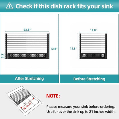 Roll Up Dish Drying Rack, Expandable (12.8"-23.8" D x 12.8" W) Stainless Steel Portable Over The Sink Dish Drainer for Kitchen Sink Counter, Foldable Sink Cover with Removable Utensil Holder