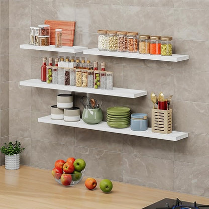 SAUMONIERES Floating Shelves 8 Inch Deep Solid Wood Wide Wall Shelf Set of 1 Wall Mounted for Bedroom Bathroom Living Room Kitchen, 48 Inch White