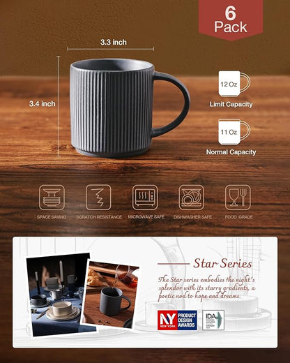 famiware Coffee Mug Set for 6, Star 12 oz Catering Mugs Cup Set with Handle for Coffee, Tea, Cocoa, Milk - Ceramic Stoneware Drinkware Set, Matte Dark Charcoal