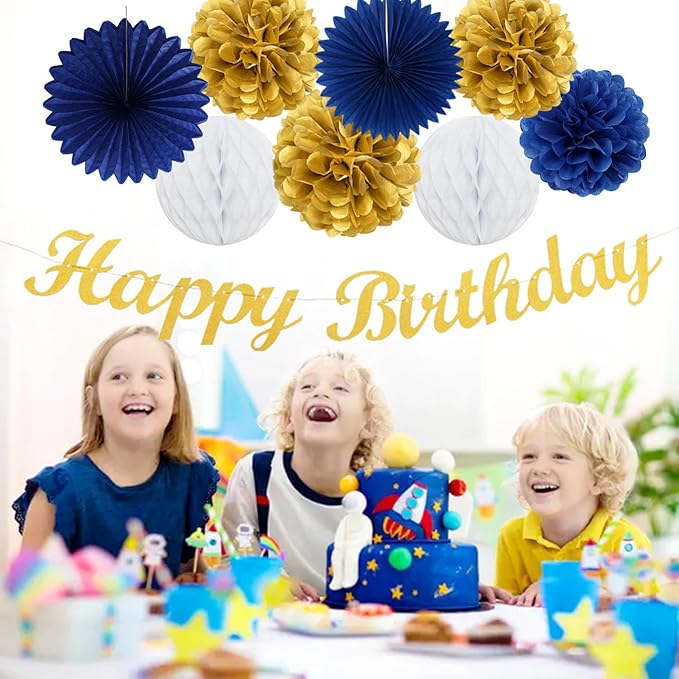 Navy-Blue Gold Birthday Party-Decorations Paper-Flowers - 14pcs Happy Banner Royal Lanterns Tissue Pom Poms,Men Streamers Garland Fans Honeycomb,Teen Boys Male Kids Hanging Supplies Decor Hugfond