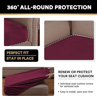 PrinceDeco Stretch Velvet Couch Cushion Covers, Soft Cushion Slipcover for Chair Loveseat Sofa Cushion Furniture Protector Seat Cushion Sofa Cover(Each Width Up to 29.5", Burgundy)