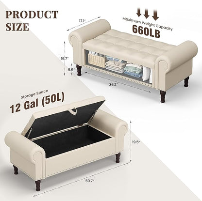 51" Storage Ottoman Bench for Bedroom, Full Queen Storage Bench with Button, Upholstered Bedroom Bench with Rolled Arms for Living Room, Storage Room, Entryway, Beige+Brown Legs