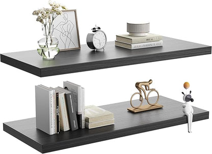 Wall Shelf Set of 2,Dark Wood Floating Shelves 24 in W x 10 in D x 1 in H, Wooden Floating Wall Shelf with Invisible Brackets for Living Room/Bedroom/Bathroom/Kitchen Storage and Decor