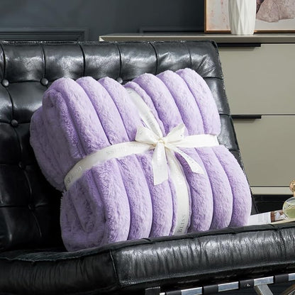 Cozy Bliss Faux Fur Throw Blanket for Couch, Cozy Warm Plush Striped Blanket for Sofa Bedroom Living Room, 50 * 60 Inches Lavender Purple