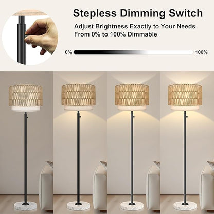 Floor Lamp for Bedroom,Dimmable Rattan Floor Lamp,Modern Standing Lamp with Marble Base,Tall Standing Lamp for Bedroom, Reading,Office & Kids' Room,LED Bulb Included(Rattan)