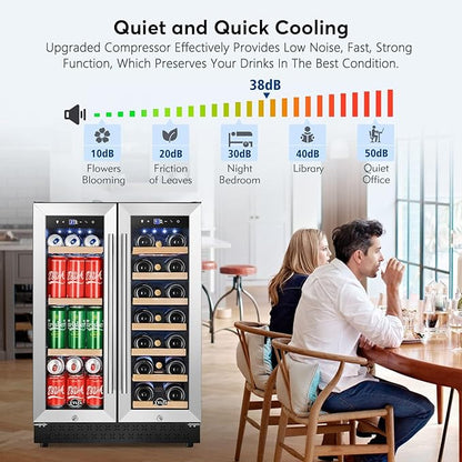 Tylza Upgraded Wine and Beverage Refrigerator 24 Inch, Dual Zone Wine Beverage Cooler with French Door, Under Counter Wine Beer Fridge Built-In or Freestanding, Holds 20 Bottles and 88 Cans, Low Noise