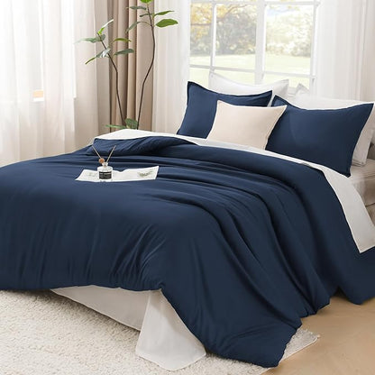 Litanika Navy Blue Oversized King Comforter Set Super King Plus Size, 3 Pieces Lightweight Solid Bedding Comforter Set, All Season Fluffy Bed Set (128x120In Comforter & 2 Pillowcases)