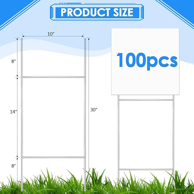 100 Pcs H Stakes for Yard Signs 30'' x 10'' Metal Heavy Duty H Frame Wire Stakes Weatherproof Metal Holder for 4mm 5mm Corrugated Signs Advertising Board Guidepost Yard Halloween Decor