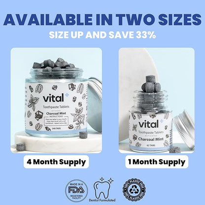 Vital Toothpaste Tabs with Nano-Hydroxyapatite | Naturally Whitens + Remineralizes Teeth | Fluoride & Plastic Free | Combats Sensitivity | Travel & Eco Friendly | Charcoal Mint | 62 Tablets (1 Month)