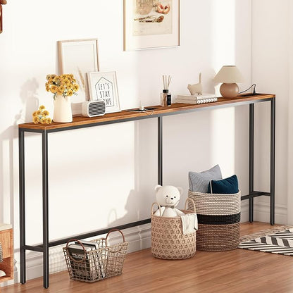 Narrow Sofa Table with 2 Power Outlets, 71” Thin Console Tables Narrow Long, Behind Couch Table Skinny, Wood Console Tables for Entryway, Living Room, Hallway, Foyer, Rustic Brown