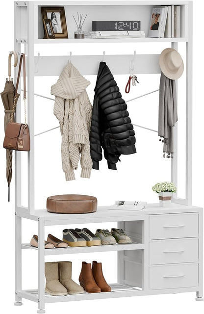 Lulive Hall Tree with Bench and Shoe Storage, 31.5" Coat Rack Freestanding with 2-Tier Storage Shelf, 5-in-1 Entryway Bench Coat Rack with 12 Hooks and 3 Drawers(White)