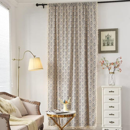 Sutuo Home Boho Curtain 84 Inches Length Semi-Blackout Bohemian Damask Moroccan Florals Print Darkening Curtains Tassels, Rod Pocket Window Treatment Drapes for Bedroom, 1 Panel 59" W x 84" L, Blue